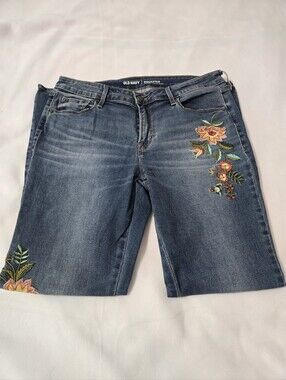 Old Navy Blue Rockstar Mid-Rise Denim Pants Witj Embroidered Floral Design